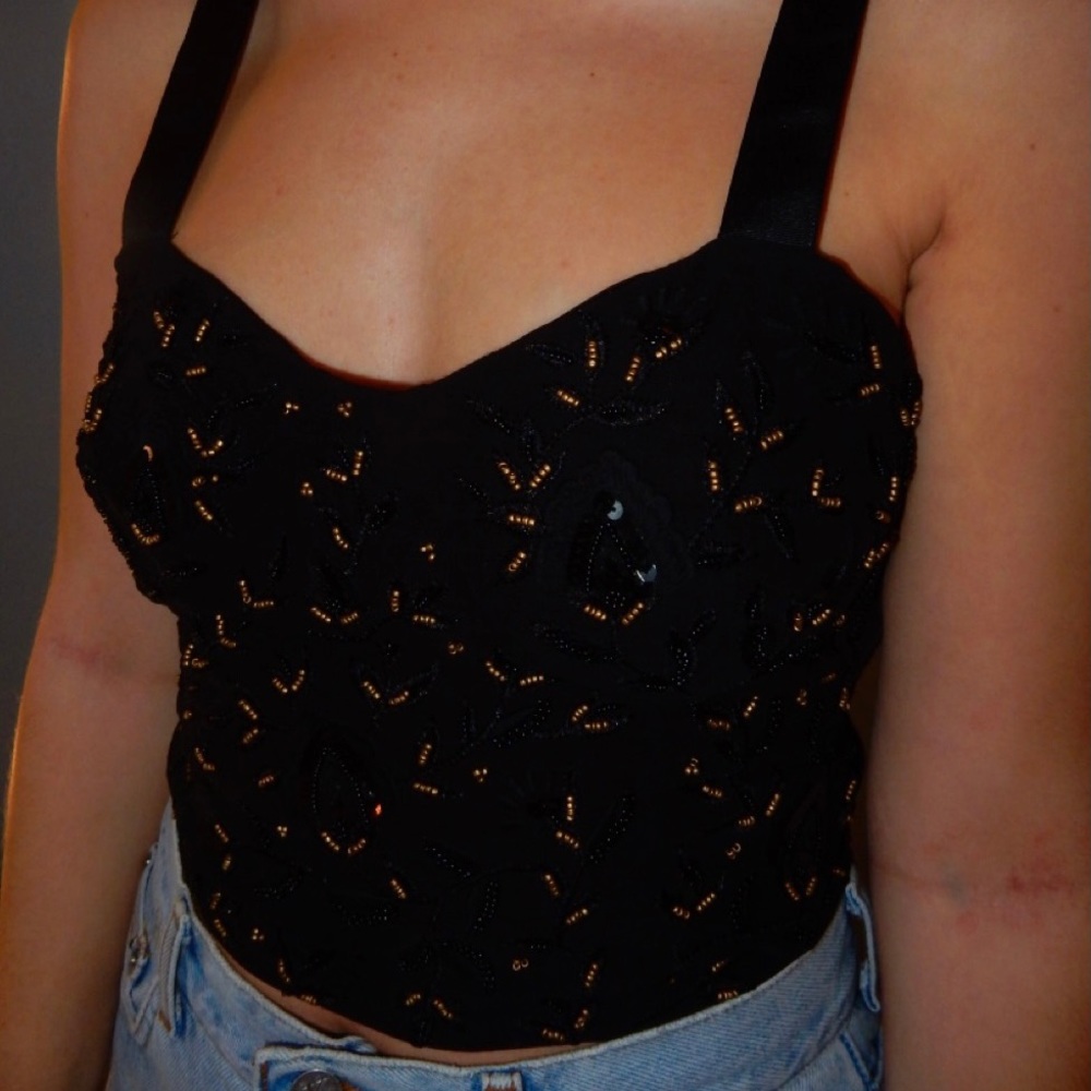 Black, beaded, cropped tank top